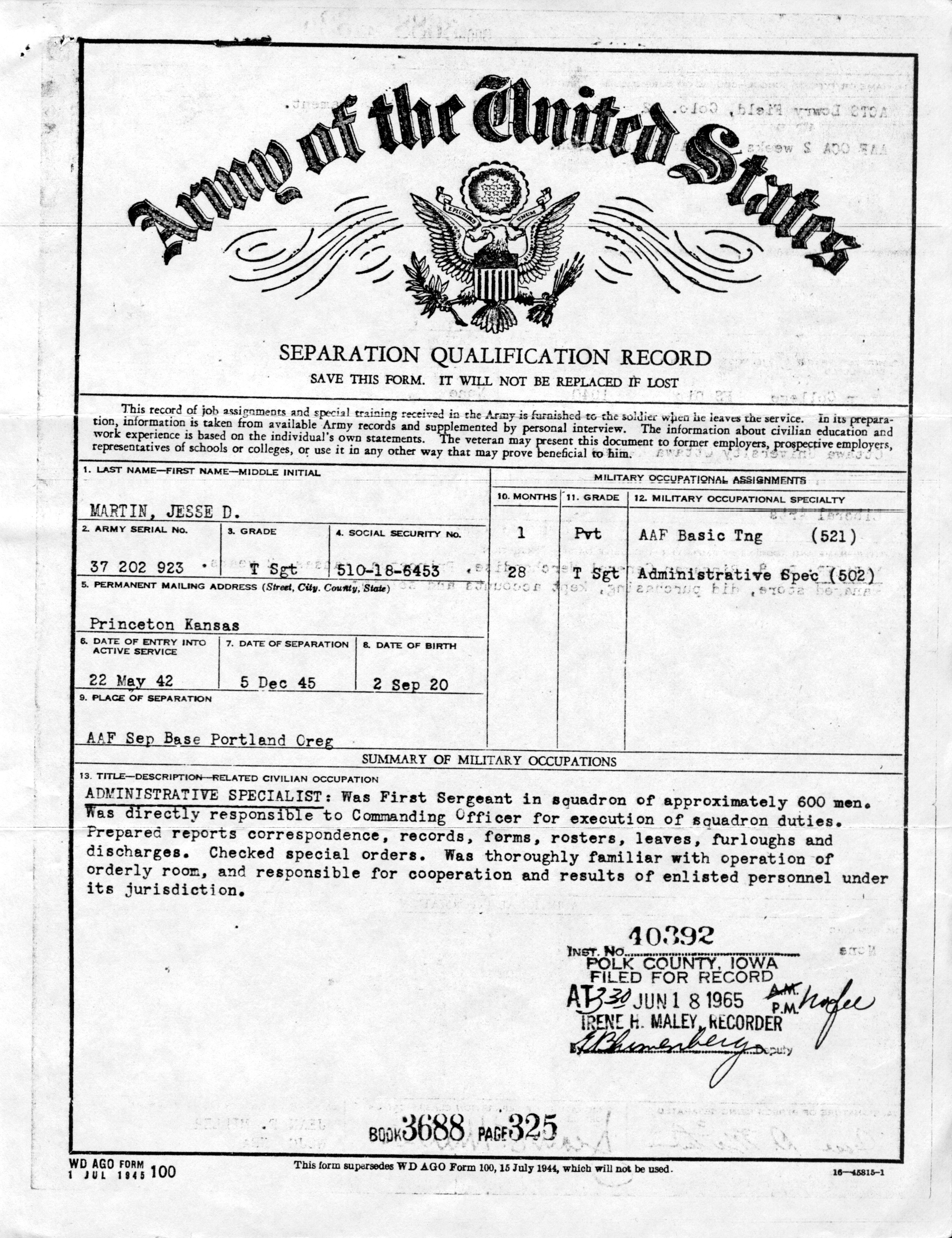Jesse Dean Martin - US Army Seperation Qualification Record - page 1.jpg