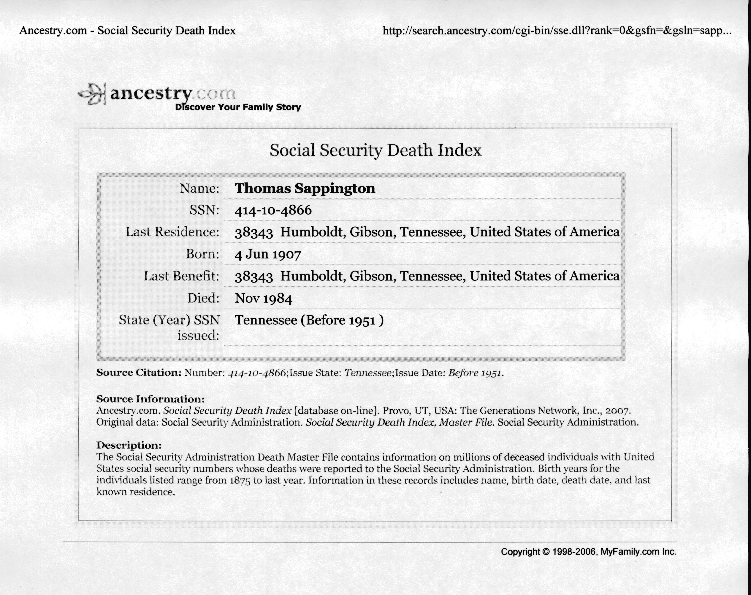 Thomas Herman Sappington - Social Security Death Index.jpg